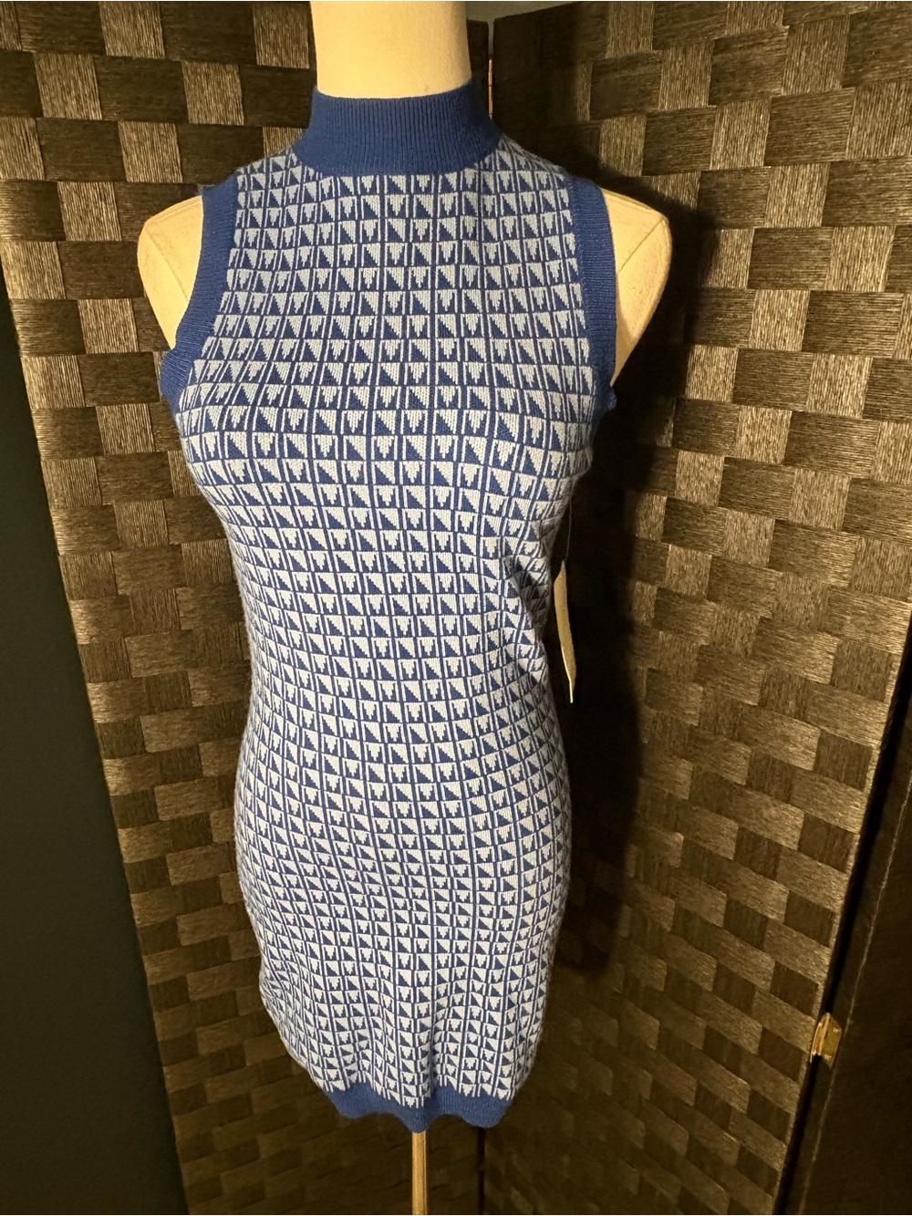 NA-KD Blue Geometric Knit Mock Neck Sleeveless Bodycon Mini Dress